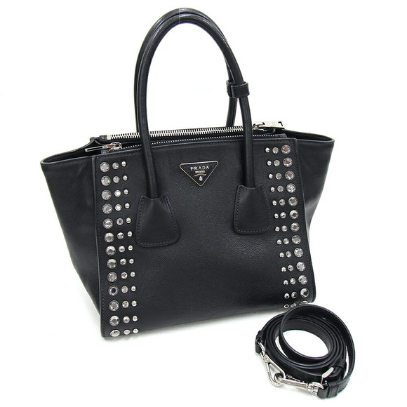 Prada Handbag Black Leather Beads Studded Crossbody Shoulder - Picture 1 of 10